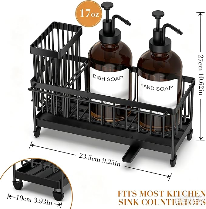 Kitchen Soap Dispenser Set with Sponge Holder and Towel Rack, 17OZ Glass Bottle, Hand and Dish Soap Dispenser Set, Non-Slip Silicone Pad, Brush Holder, Kitchen Sink Caddy Organizer Countertop (Amber)