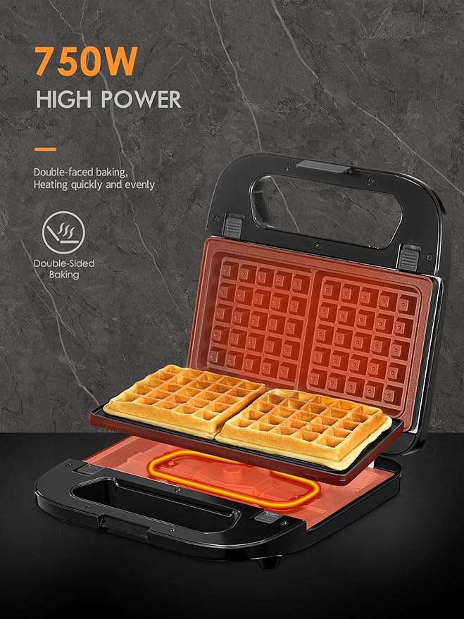 Reemix 3-in-1 Waffle, Grill & Sandwich Maker, Panini Press Grill and Waffle Iron Set with Removable Non-Stick Plates, Perfect for Grilled Cheese, Tuna Melts, Burgers, Steaks (Black, Plastic)