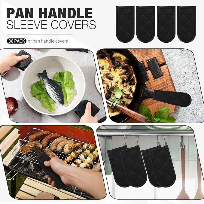 Dandat 36 Set Hot Handle Covers for Daily Replace Use Gift Pan Handle Sleeve Covers Heat Resistant Cast Iron Holder Sleeve Washable Handgrip Mitts for Christmas Kitchen Gifts Craft (Black)