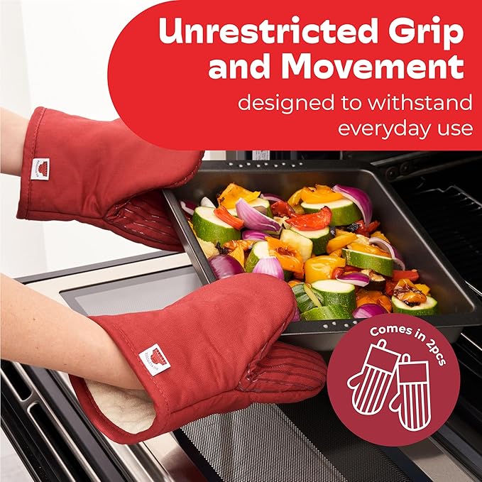 Big Red House - Silicone Mini Oven Mitts - Red Set of 2 - Heat Resistant to 536 F / 280 C Kitchen Gloves Professional Grade Pot Holders for Cooking Baking
