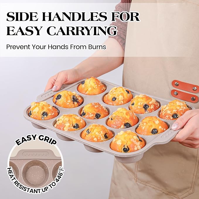 1 Pc Silicone Muffin Pans for Baking with Metal Reinforced Frame, Nonstick Cupcake Tray for Oven, 12 Cups Regular Size Silicone Molds for Egg Bites, Dishwasher Safe (Brown)