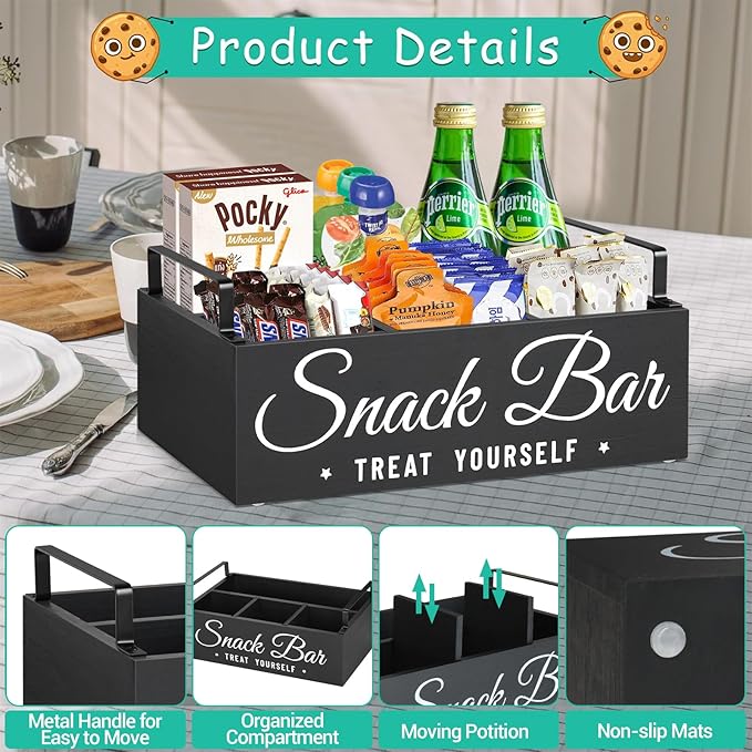Unistyle Wood Pantry Storage Bins with Handles, Snack Organizer for Countertop, 4 Compartment Food Container Snack Box, Black