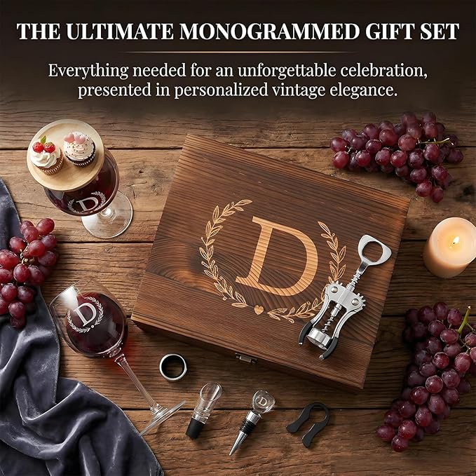 GZLDGIFTS Personalized Initial Wine Glasses Box Gift Set For Women Mom Engraved Birthday Monogrammed Wooden Christmas Gifts Wedding Anniversary Wine Couples Stopper Opener Initial Letterr (R Set)