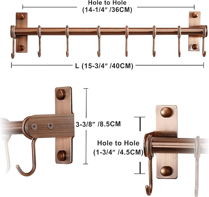 Dseap Pot Rack - Pots and Pans Hanging Rack Rail with 8 Hooks, Double Bars, Pot Hangers for Kitchen, Wall Mounted, Antique Copper