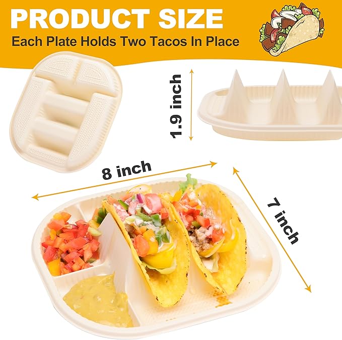 Small Disposable Taco Plates With Dipping Sides - 100 Pack, Biodegradable Cornstarch Taco Holder, Mini Size Fit 4-6 Inch Street Tortilla Shells, Sturdy & Microwave Safe, Bar Serving Set For A Party