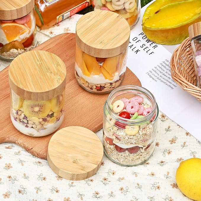 6 Pack 16oz Glass Overnight Oats Jars - Airtight Containers with Bamboo Lids, Wide Mouth Mason Jars for Salad, Yogurt, Snacks & Food Storage