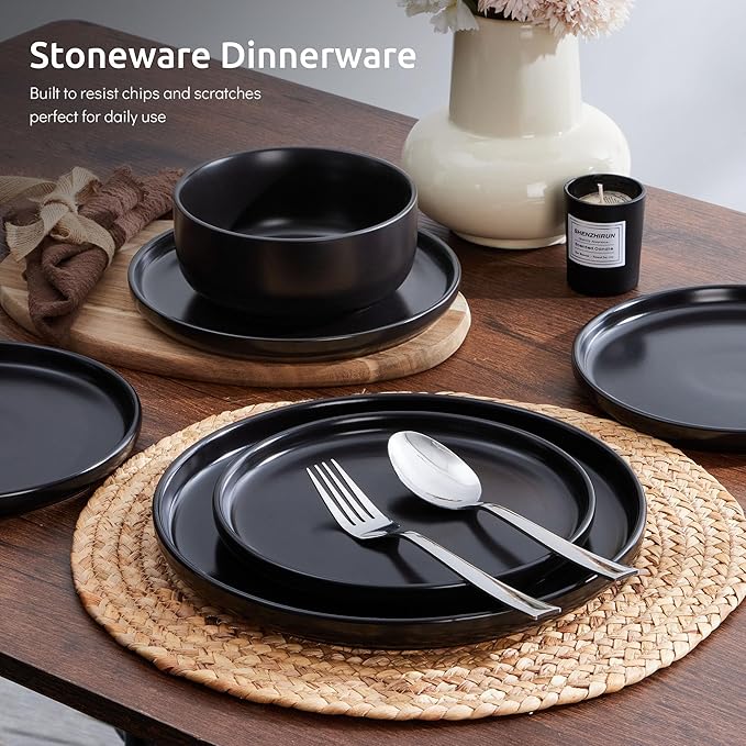 E-far Stoneware Dinnerware Sets for 2, 6-Piece Plates and Bowls Set, Modern Ceramic Dishes Dinning Ware, Microwave & Dishwasher Safe - Matte Black