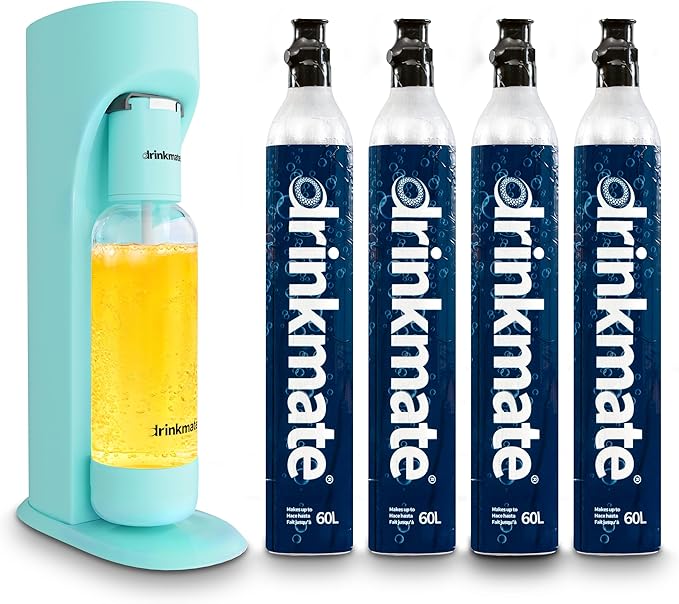 Drinkmate OmniFizz Sparkling Water Maker & Soda Streaming Machine | Carbonates Any Drink | PREMIUM KIT | Includes Four 60L CO2 Cartridges + One BPA-Free Bottle (Arctic Blue)