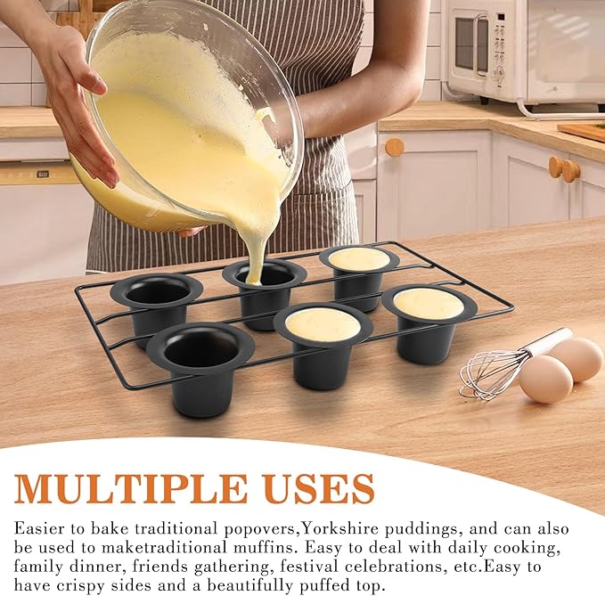 Non-Stick Popover Pan with 6 Cups, Heavy Duty Carbon Steel Yorkshire Pudding Tray, Oven Safe Baking Mold for Muffins, Canel茅, Air Fryer Compatible, Dishwasher Safe