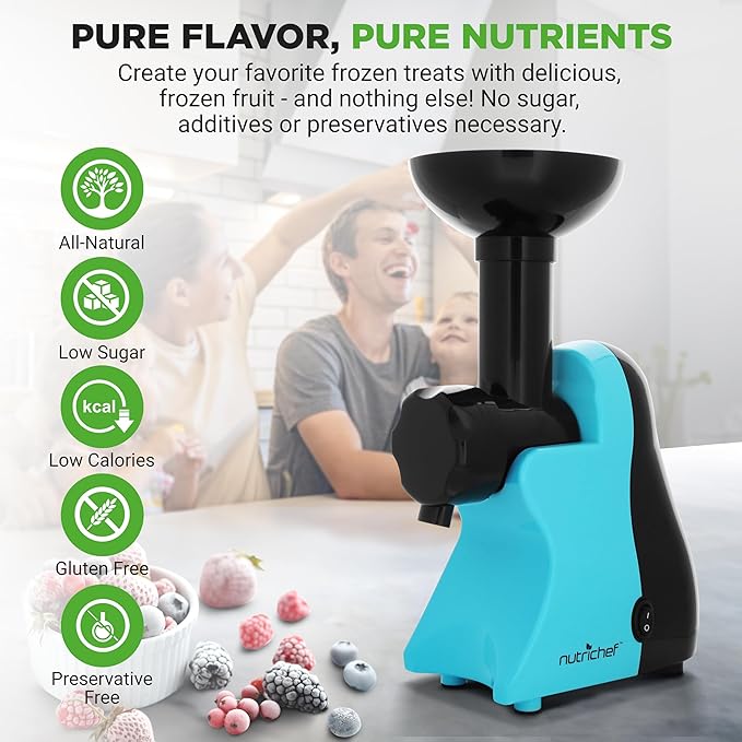 NutriChef Electric Frozen Fruit Dessert Maker - Fruit Sorbet Machine - Make Ice Cream, Dessert, Gelato, Smoothies, Slushies & Frozen Yogurt - Includes Food Plunger & Recipe Book - Blue