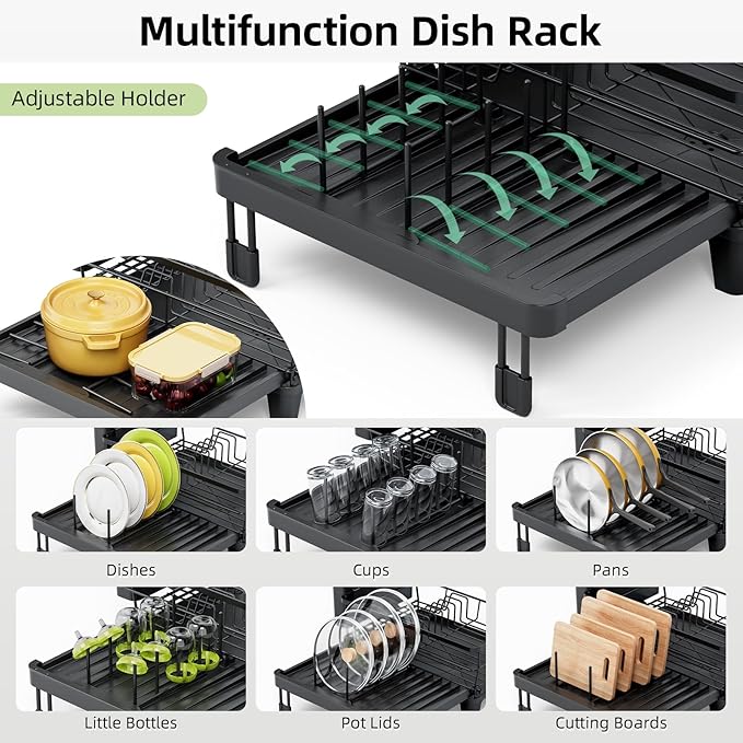 TOOLF Extendable Dish Drying Rack, Multifunction Dish Rack for Kitchen Counter, Large Expandable Dish Drainer,Dryer Rack with Drainboard & Utensil Holder, Black