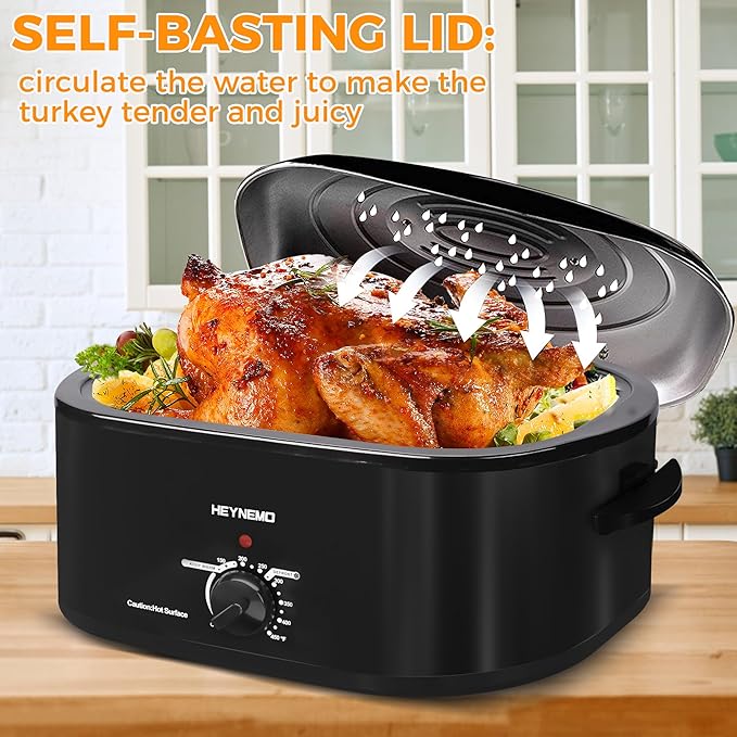 18 Quart Roaster Oven with Self-Basting Lid, Electric Turkey Roaster Oven with Defrost & Warm Function, Adjustable Temperature, Removable Pan & Rack, Stainless Steel, Black