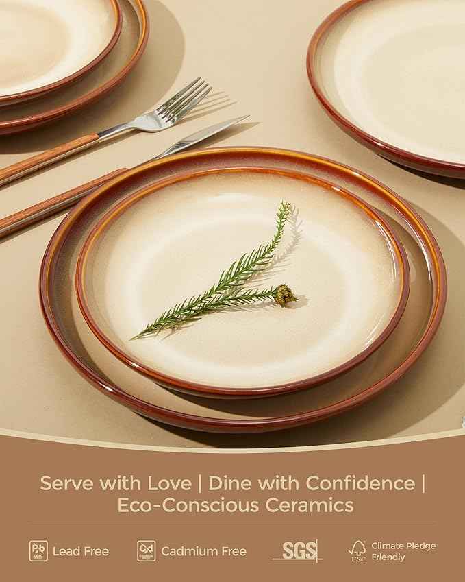 Stoneware Dinnerware Set Service for 4, 12 pcs Reactive Glaze Plates and Bowls Sets, Handmade Round Dishes Set, Highly Chip and Crack Resistant Modern Plate Set, Brown Yellow