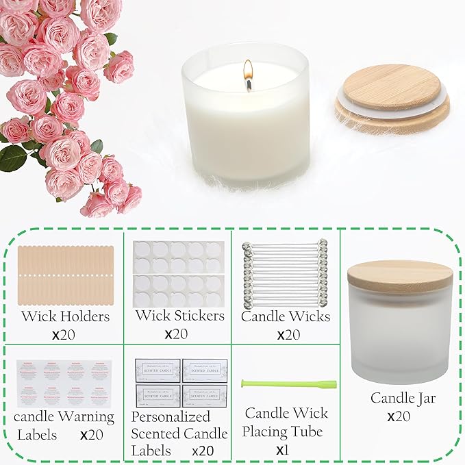 MILIVIXAY 20 Pack 4 OZ Frosted White Glass Candle Jars with Lids and Candle Making Kits - Bulk Small Empty Candle Jars for Making Candles - Spice, Powder Containers.