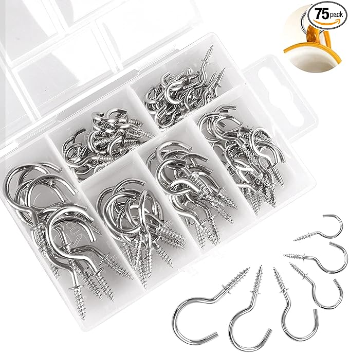 Screw Hooks, 75PCS Sliver Cup Hooks, Small Screw in Hook for Wood, Metal Srew in Hook for Hanging Mug Key and Garden Lights(6 Sizes)