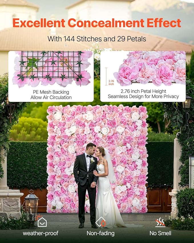 VEVOR 3D Flower Wall Panel, Artificial Floral Wall Background Mesh Backing Mat,Seamless Design&Easy Installation for Wedding Valentines Day Home Baby Party Backdrop Decor,Pink