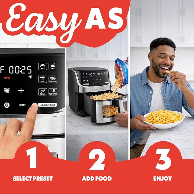 Gourmia Air Fryer - 7 Qt Large Capacity with LED Display, 12 One-Touch Presets, FryForce 360° Technology, Nonstick Dishwasher-Safe Basket & Crisper Tray, Stainless Steel
