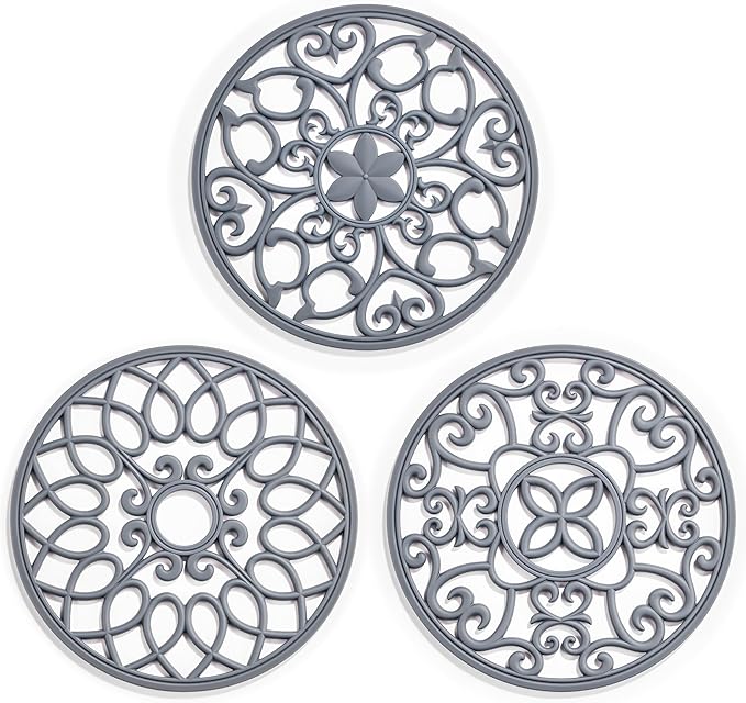 SMARTAKE 3 Set Silicone Trivet Mats, Multi-Use Carved Trivet Mat, Insulated Non-Slip Durable Kitchen Mats, Flexible Modern Kitchen Table Mat, for Hot Dishes, Pots, Dining Countertop, Grey, STM413H