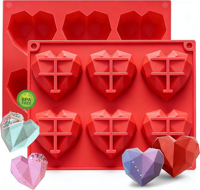 3D Diamond Heart Silicone Molds 2 Pack 12-Cavity Valentine Love Shape for Hot Cocoa Bombs, Chocolate, Cake, Soap, Jelly, Candy, Ice Cube DIY Baking & Party Gift Making