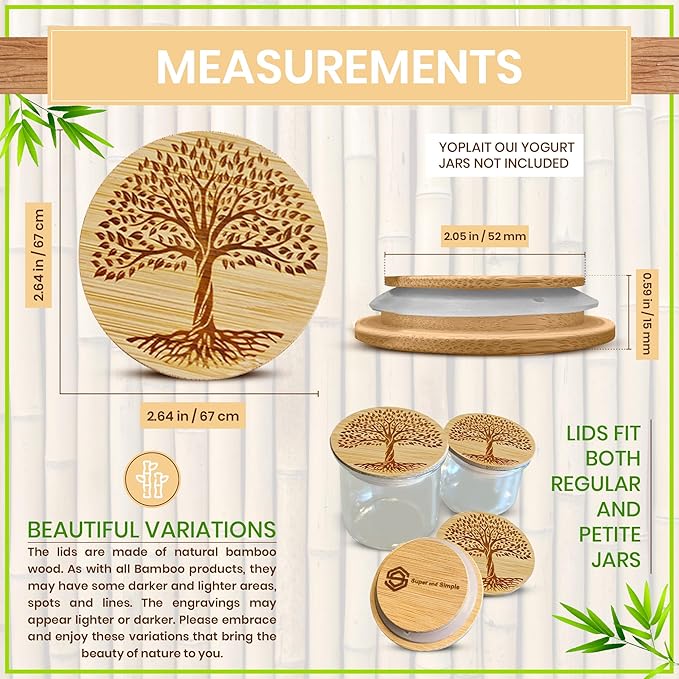 Oui Yogurt Jar Lids Bamboo Tree of Life – 24-Pack Bamboo Lids for Oui Jars with Silicone Seal – Airtight Oui Jar Covers for Yogurt Glass Jars – Labels & Cotton Storage Bag Included