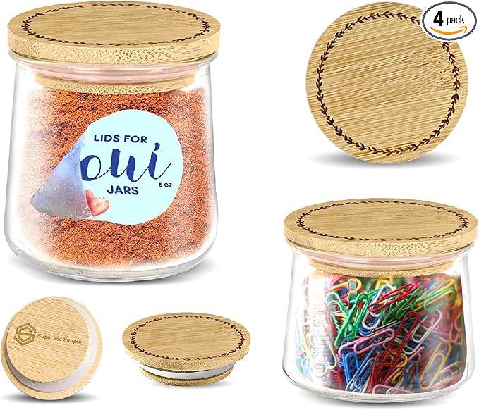 Oui Yogurt Jar Lids – Choose a Design, 4-24 pieces, Bamboo, Silicone, or Stainless Steel | Airtight Tops That Fit Yoplait Glass Jars | Oui Jar Covers |Lids for Yogurt Jars | Leaves Ring – 4 Pack