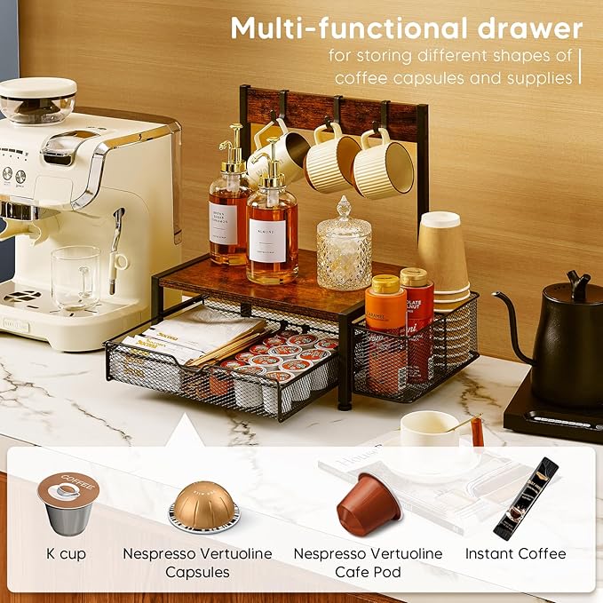Poyilooo Coffee Bar Organizer with K Cup Holder,Coffee Pod Drawer Holder for 24 Pod Capacity, Storage Drawer with Dispoable Cups & Lids Holder, Coffee Bar Station Organier for Countertop, Kitchen