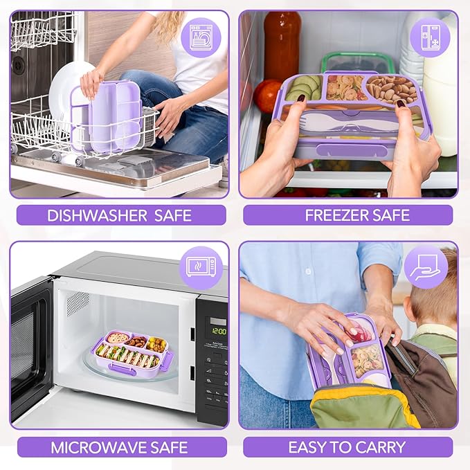 EASYFUN Bento Box Adult, Lunch Box, 4-Compartment Lunch Containers, Drop-Proof, Dishwasher Safe & Made with BPA-Free Materials (Purple)