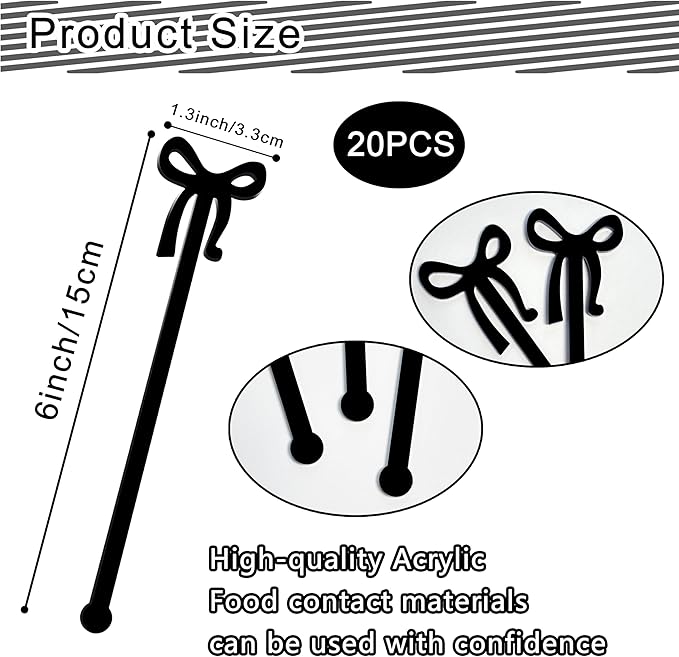 Black Bow Drink Stir Sticks 20PCS Acrylic Stirrers for Cocktail Swizzle Coffee Shirley Temple Bar Supplies Party Decorations (Black)