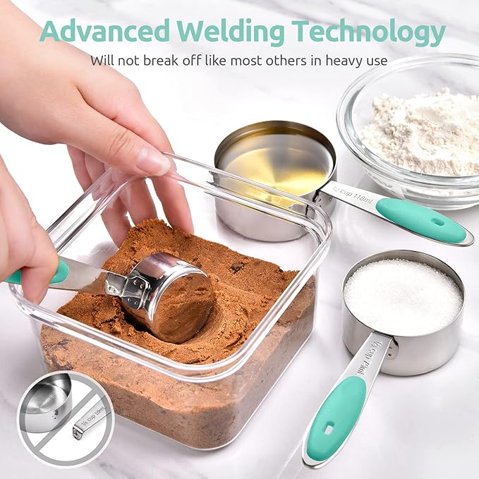 Measuring Cups and Spoons Set: U-Taste 18/8 Stainless Steel 10 Pieces Metal Stacking Kitchen Baking Cooking Food Measure Set 5 Cups 5 Spoons with Strengthened Weld Joints (Aqua Sky, Upgraded Version)