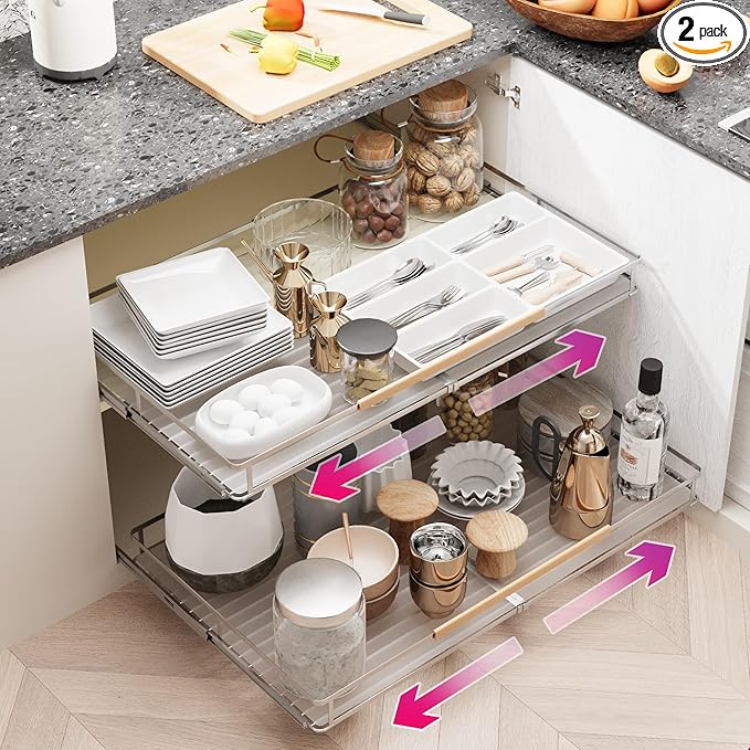 SUZLON Pull Out Cabinet Organizer, Expandable(20.9"~37.9") Cabinet Drawers Slide Out, Adjustable Width Roll 0ut Shelf Cabinet Organizer for Kitchen Base Cabinet Organization (X-Large, 2Pack)