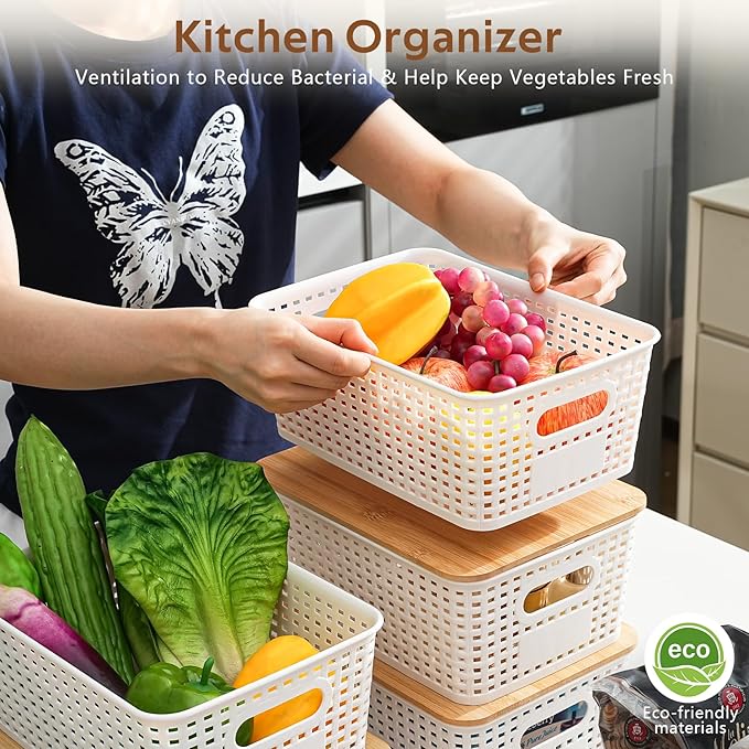 8 Pack Plastic Storage Bins with Bamboo Lids - Stackable Storage Baskets with Handle for Pantry Organizer and Storage, Plastic Containers Bins Lidded Storage Bins for Classroom Office Shelves