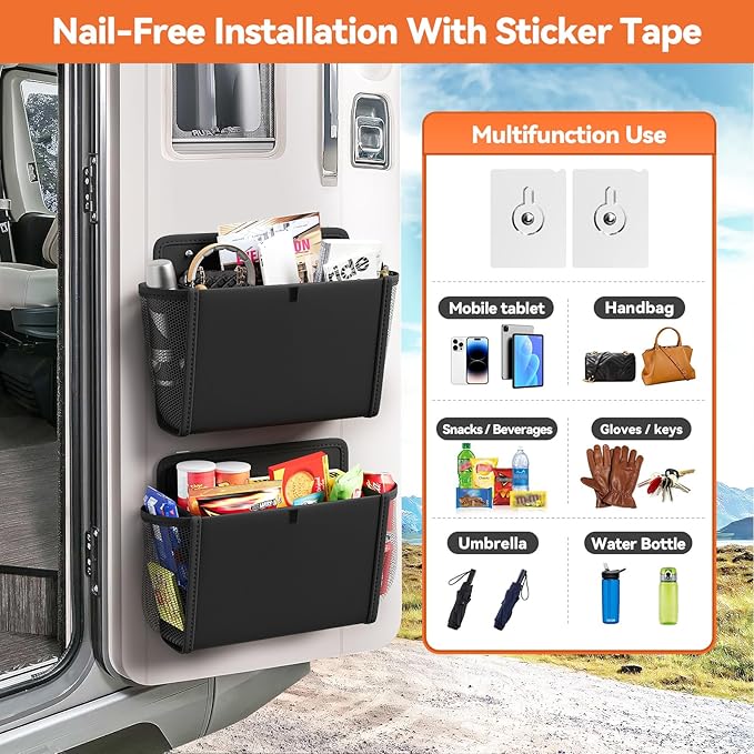 2 Pack Wall Hanging Storage Organizer, Wall Pocket Hanging Bag with Large Pockets & Sticky Adhesive Tape Wall Mounted Storage Door organizer for RV Camper Kitchen Office Black