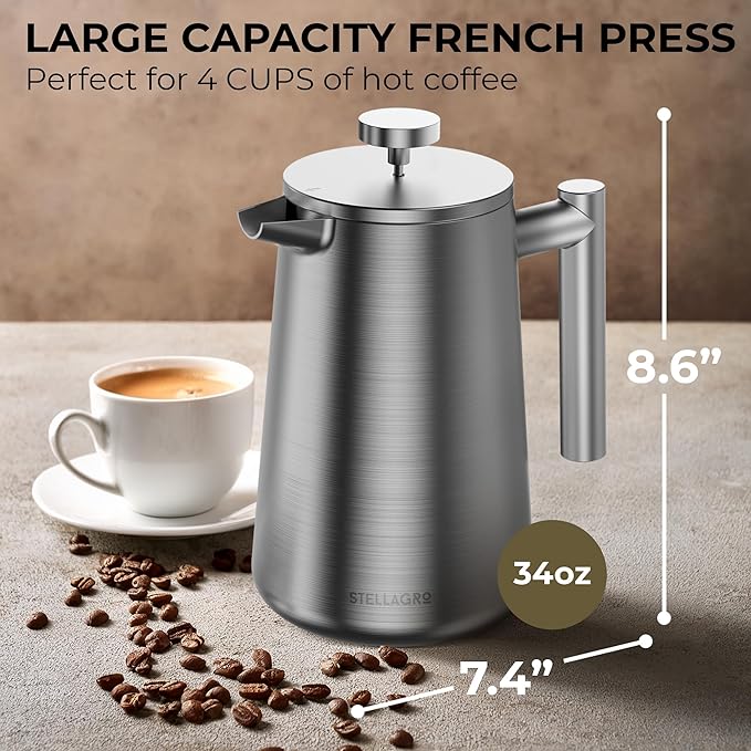 French Press Coffee Maker, Stainless Steel French Press, 34 Oz / 1L, Large Insulated Double Wall Coffee Maker with 3 Extra Mesh Filters, Satin Finish, Silver