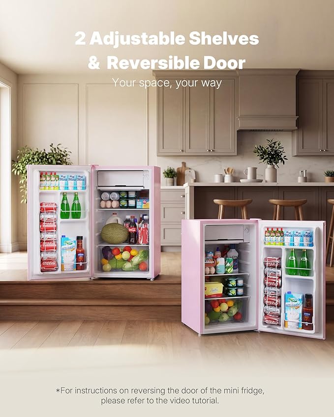 Upstreman 3.2 Cu.Ft Mini Fridge with Freezer, Single Door Compact Refrigerator, Adjustable Thermostat, Small Refrigerator for Dorm, Bedroom, Office, Pink-BR321