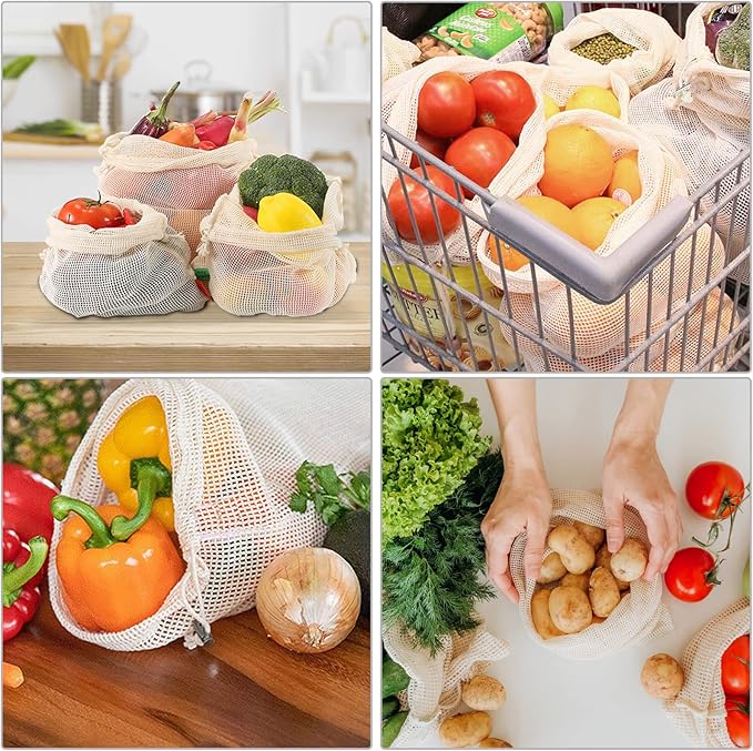 Reusable-Cotton-Mesh-Produce-shopping-Bags-Washable Eco Friendly Premium See Through Lightweight Net zero Bulk Bags for Veggie Fruit Vegetable Grocery Storage (9 Packs)