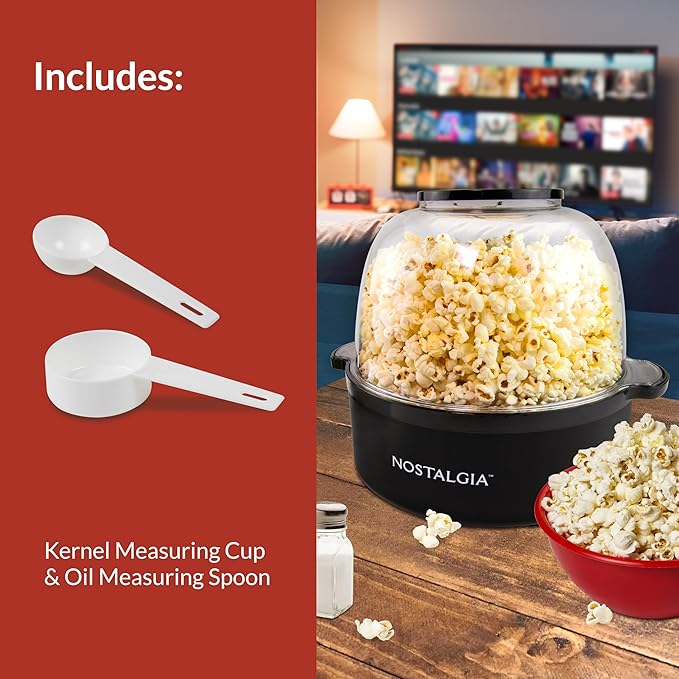 Nostalgia 6-Quart Stirring Popcorn Popper - Quick-Heat Technology - Makes 24 Cups of Popcorn - Includes Kernel Measuring Cup - Perfect for Birthday Parties, Movie Nights, and More - Black Original