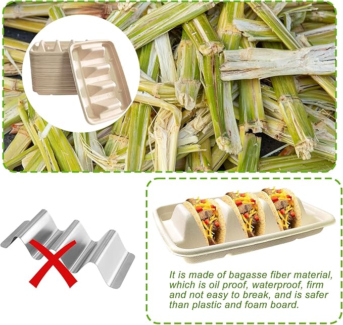 50PCS Disposable Taco Holder for Party，Disposable Taco Plates with 3 Dividers Disposable Taco Holders for Party, Taco Tray Holder, Pulp Fiber Plates Disposable for Taco Tuesday Lazy Susan Taco Bar