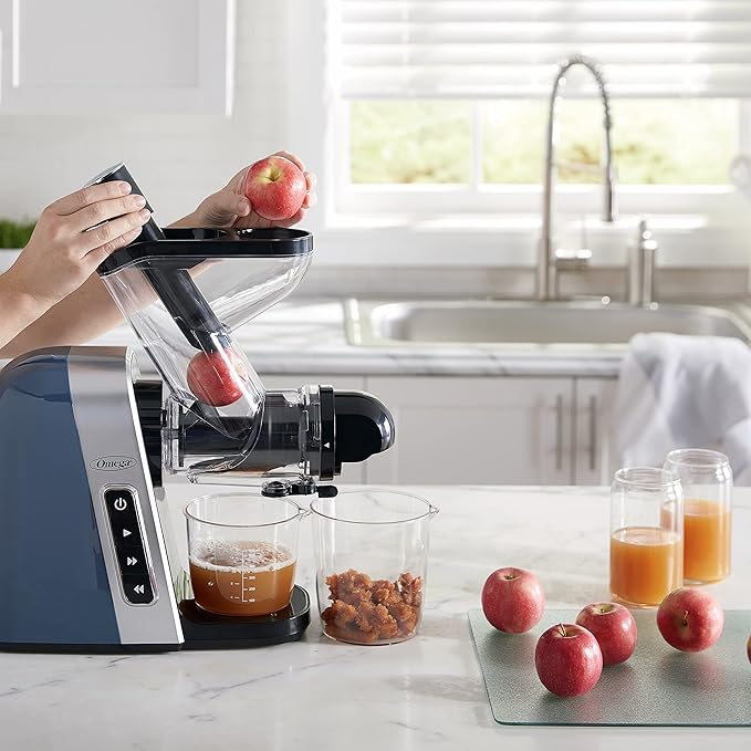 Omega Cold Press Juicer Machine, Vegetable and Fruit Juice Extractor, BPA Free, Slow Masticating High Juice Yield with Wide Mouth Chute, 200-Watt, Blue