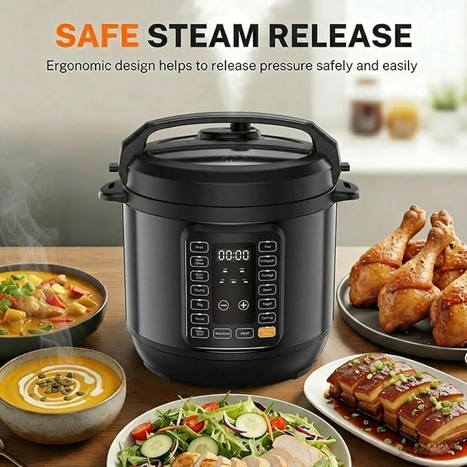 HealSmart 8QT Electric Pressure Cooker, 16-in-1 & Non-Stick Stainless Steel Multi Cooker with 12 Presets for Slow Cook, Meat Stew, Steam, Sauté, Canning, Yogurt Maker, Dishwasher Safe, Black