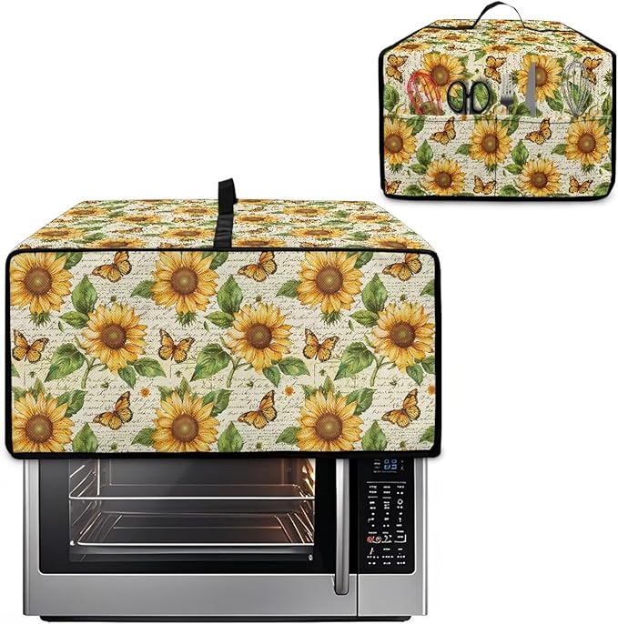 Countertop Convection Oven Cover Dust-Proof Toaster Oven Cover with Accessories Pockets, Countertop Convection Oven Protector, S, Sunflower Butterfly Retro Letter Print