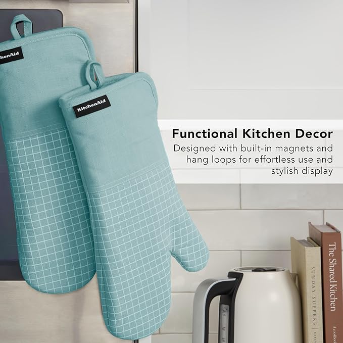 KITCHENAID Gourmet Series Gridlines Oven Mitts 2-Pack Set, Heat Resistant up to 600°F, Soft Silicone Grip, Magnetic Cuff, Mineral Water Aqua, 7"x14"