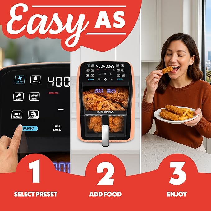 Gourmia Air Fryer 7 QT - Easy View Panorama Window & Interior Light, Guided Cooking with 12 One-Touch Presets, FryForce 360, Dishwasher Safe Accessories, Peach