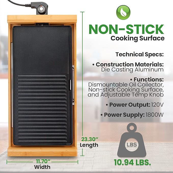 NutriChef Household Smokeless Indoor Grill, Nonstick Electric Grill, Detachable Bamboo, Tempaerature Control, Adjustable Temperature Knob, For Indoor BBQs with no smoke (Black)