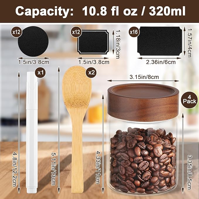 11oz Glass Jar with Airtight Lid, 4 Pack 320ml Glass Storage Jars with Wooden Lids, Wood Screw Top Kitchen Canister Clear Food Containers for Sugar, Coffee, Tea, Bean, Overnight Oats, Cookie