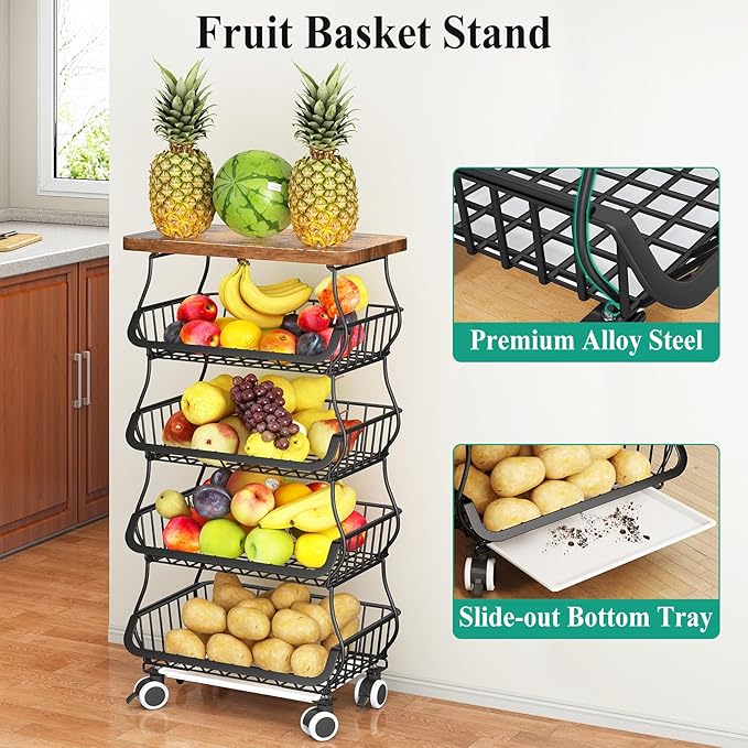 SAYZH Fruit Basket Kitchen Pantry Organizers and Storage - Wooden Top Table, Stackable Metal Wire Basket Stand Cart for Fruit Vegetable Snacks Onion Potato Organization (Black, 5 Tiers)