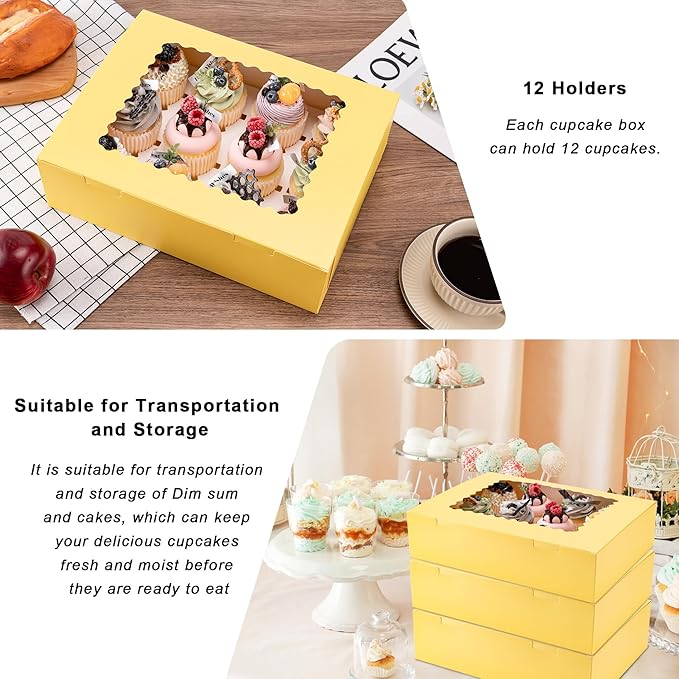 Hoewina 6PCS Cupcake Boxes - Hold 12 Count Cupcake Containers with Window, Food Grade Cupcake Holder Easy Transport and Presentation - Ideal for Cupcakes, Desserts, and More (Yellow)