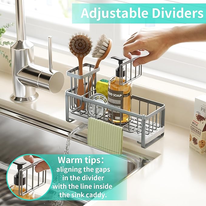 HapiRm Sponge Holder for Kitchen Sink - Self-draining Sink Caddy with Brush and Dishcloth Holders, Stainless Steel Kitchen Organizer for Countertop - Grey