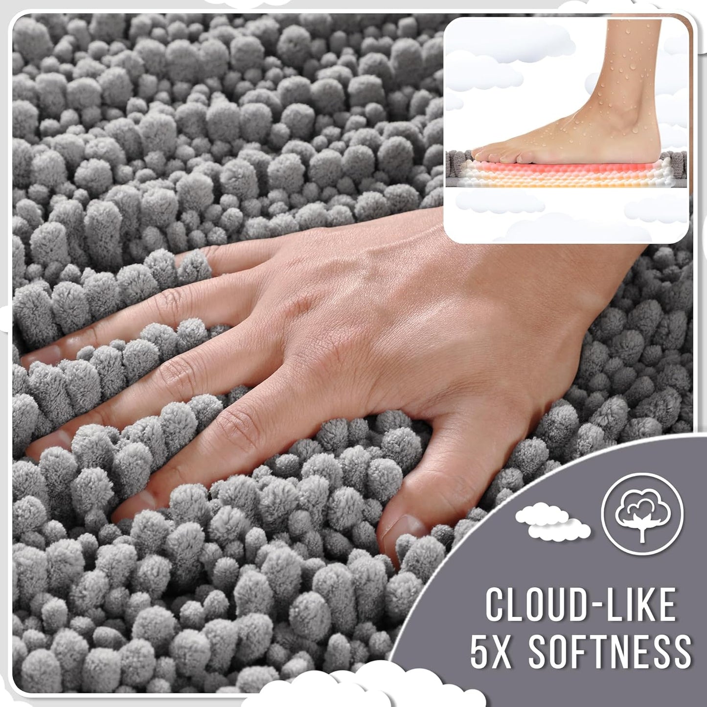 Yimobra Bathroom Runner Rug 60x24 Inch - Extra Long Non Slip Chenille Bath Mat, Soft & Absorbent, Machine Washable Shaggy Hallway Carpet for Vanity Tub Shower, Gray Home Decor Accessories
