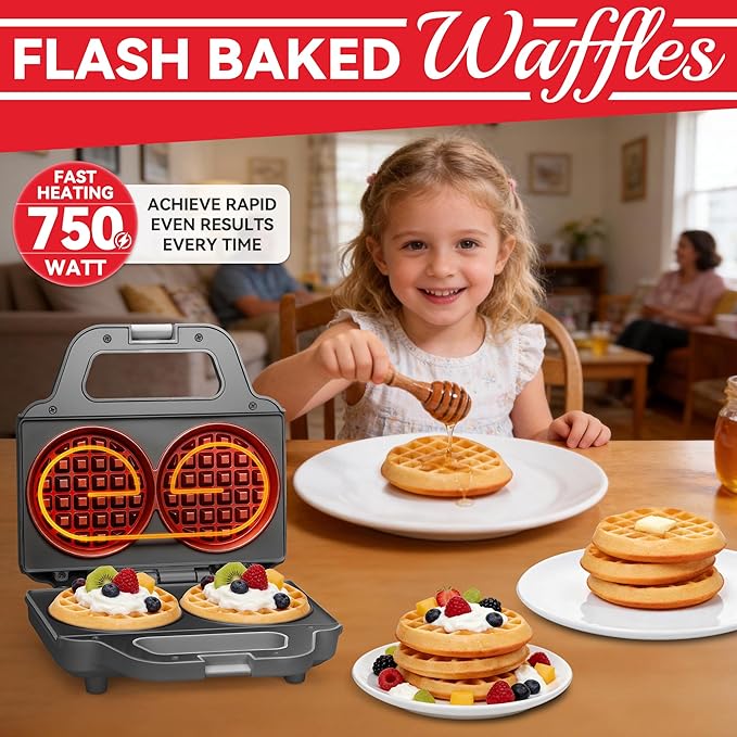 SugarWhisk 4 Inch Double Mini Waffle Maker Machine, Chaffle Maker, Waflera Electrica, Small Waffle Iron for Waffles, Keto Chaffles, Hash Browns, Cookies, Grey