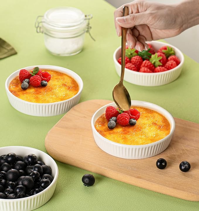 Ramekins 8 oz Oven Safe Set of 6 - Ceramic Creme Brulee Dishes, Souffle Cups, Individual Quiche Baking Dish, Food-Safe White Pudding Bowls for Kitchen, Stackable and Dishwasher Safe